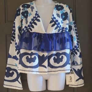 Elegant Floral Women's Blouse in Blue and White